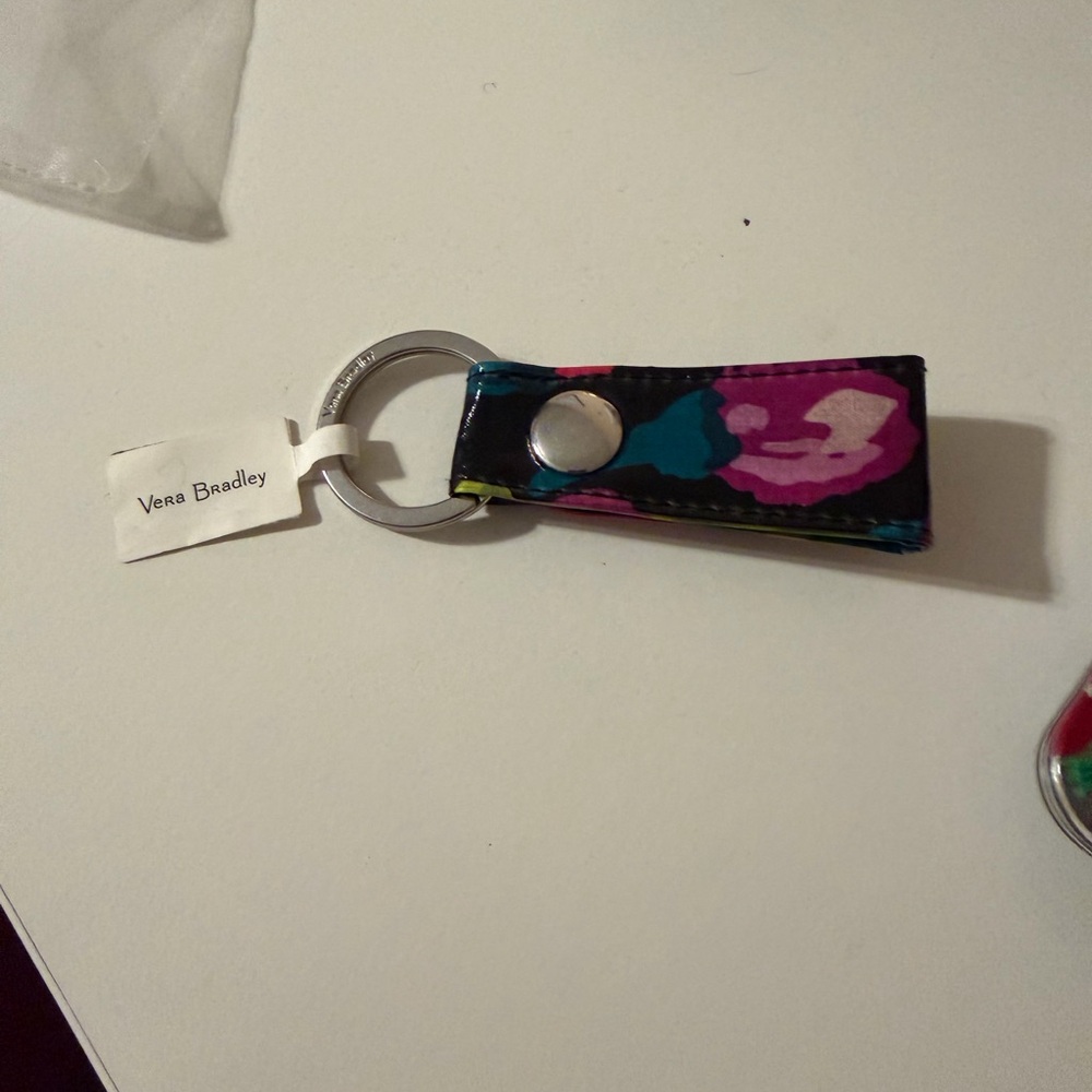 Vera Bradley Black Floral Key Fob with Pink and Green Accents
